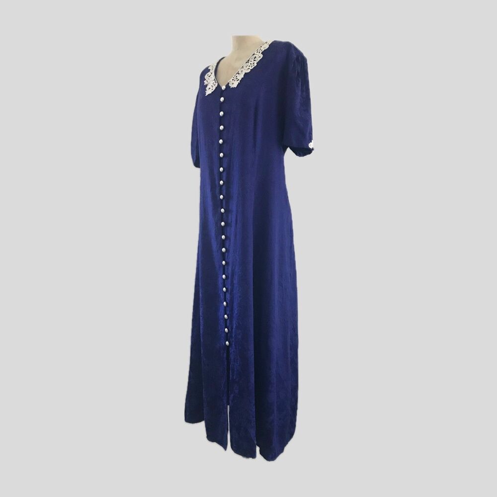 Vintage Miss Dorby 80s Royal Blue Floral Cottage Core Crochet Midi Dress L/XL